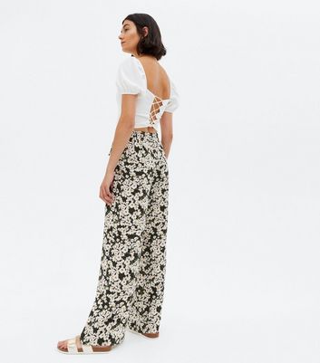 Black Daisy Belted Wide Leg Trousers 