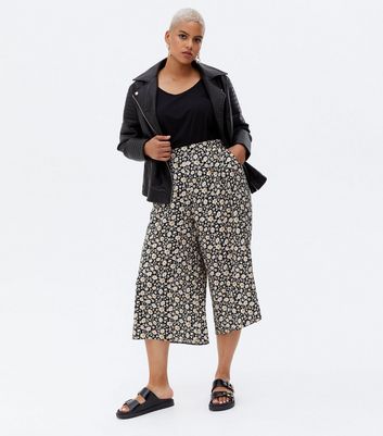 Curves Black Daisy Wide Leg Trousers 