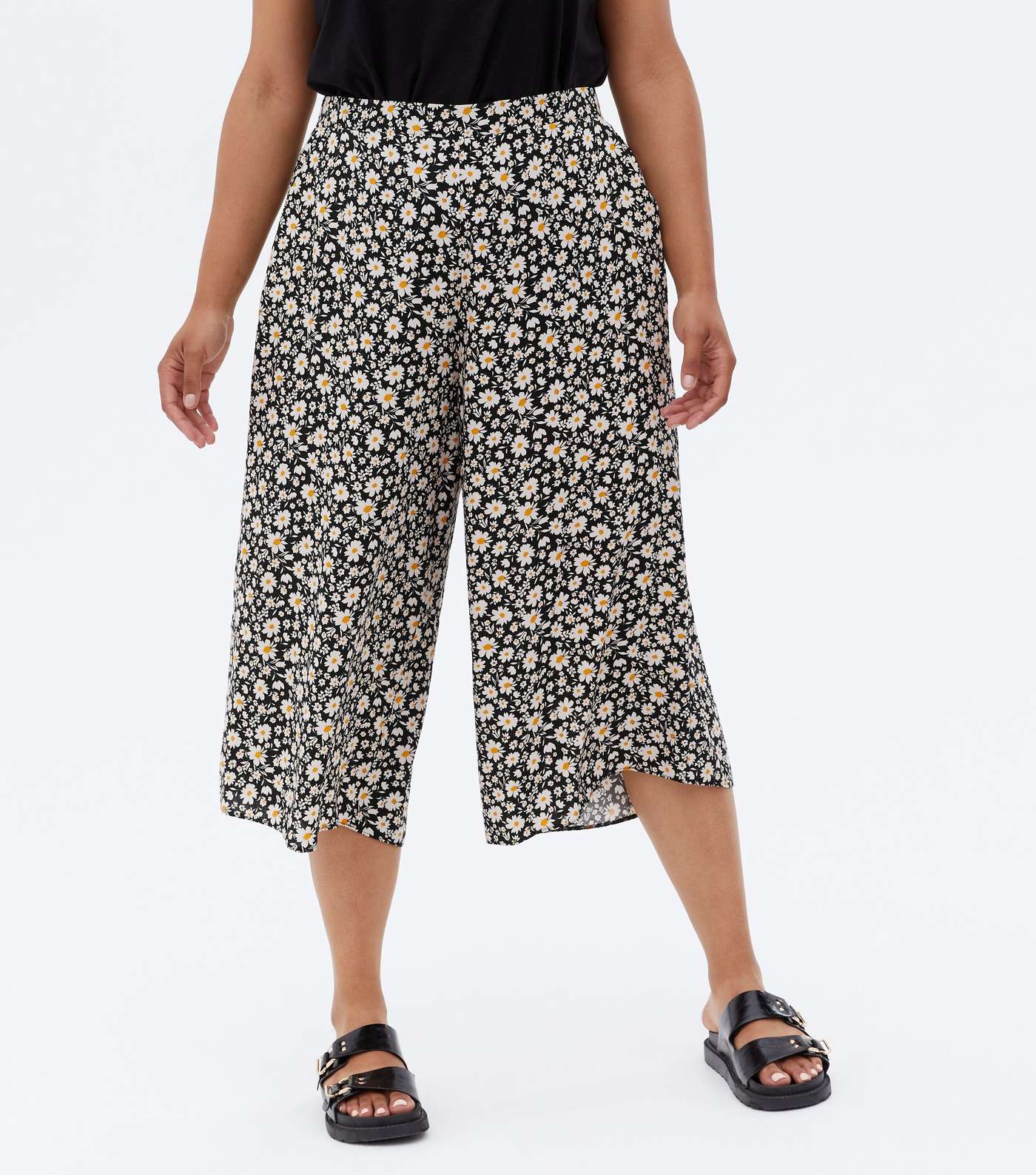 Curves Black Daisy Wide Leg Trousers Image 2
