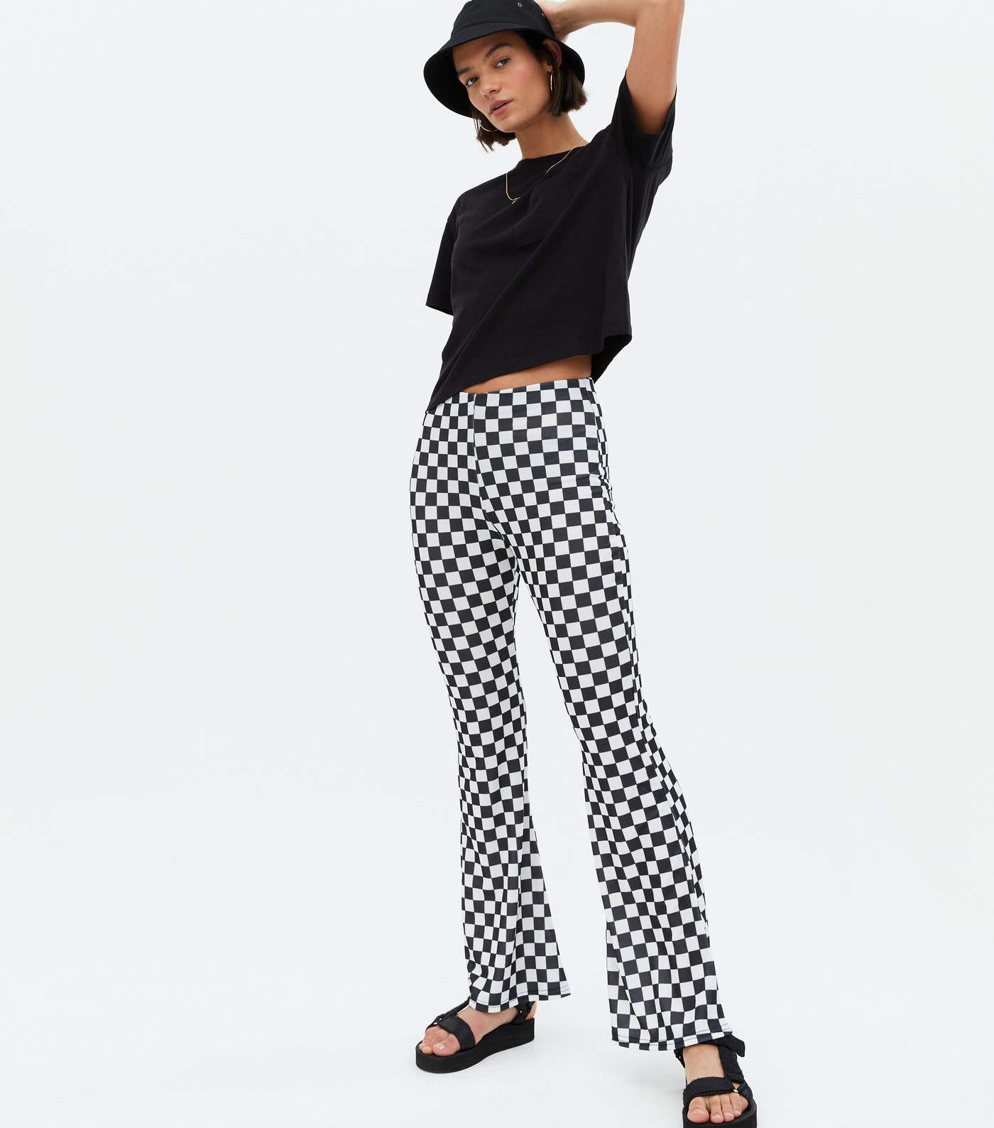 Black Checkerboard Crepe Flared Trousers