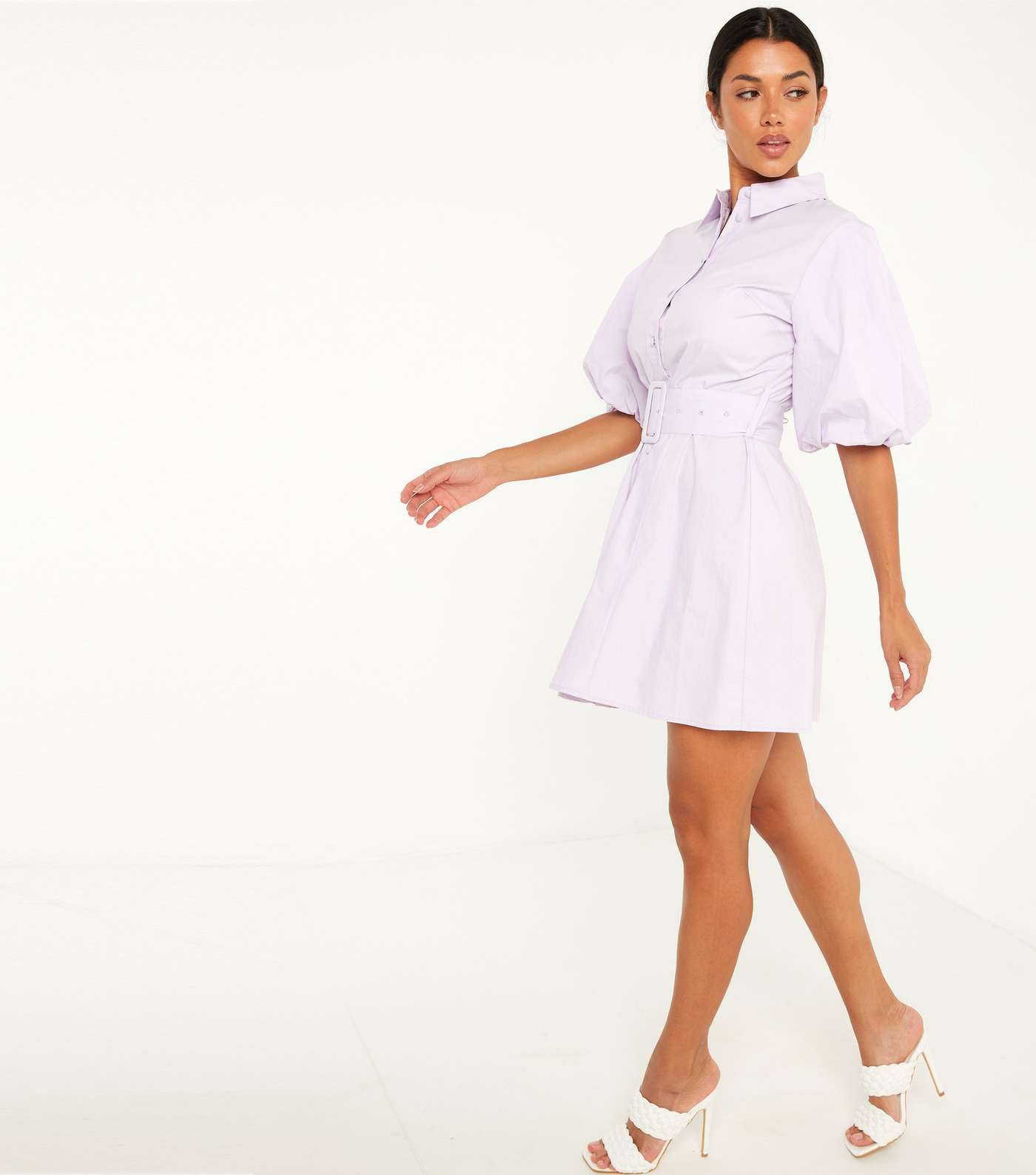 QUIZ Lilac Belted Puff Sleeve Mini Dress Image 2
