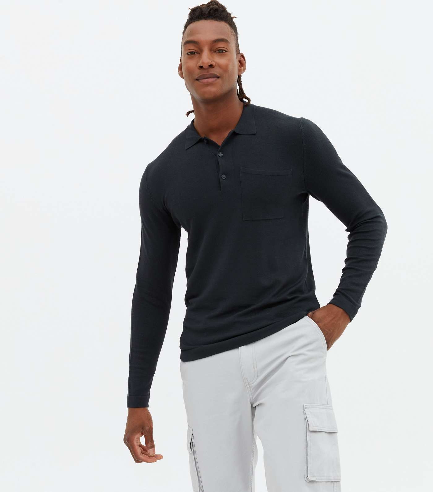 Only & Sons Navy Knit Long Sleeve Polo Shirt