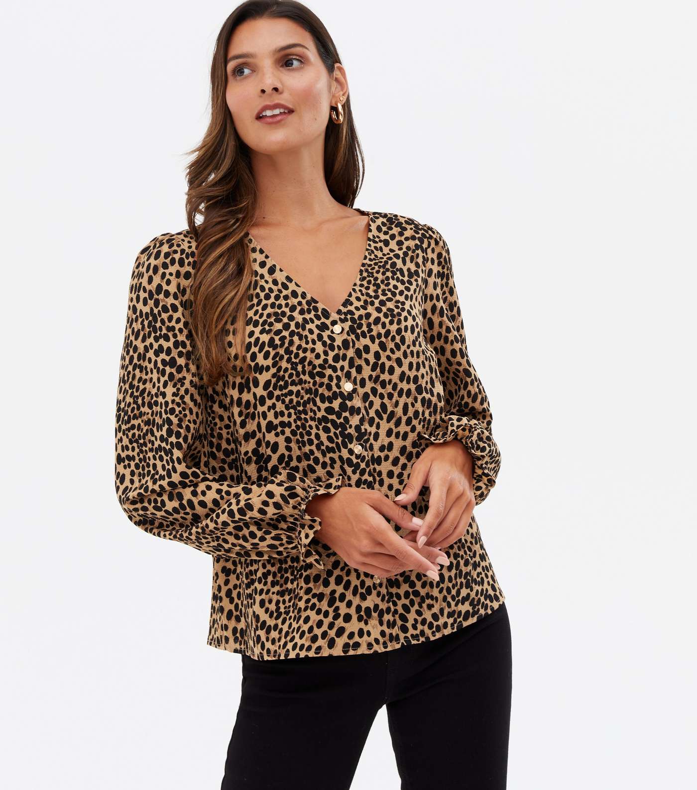 Brown Leopard Print Puff Sleeve Button Blouse