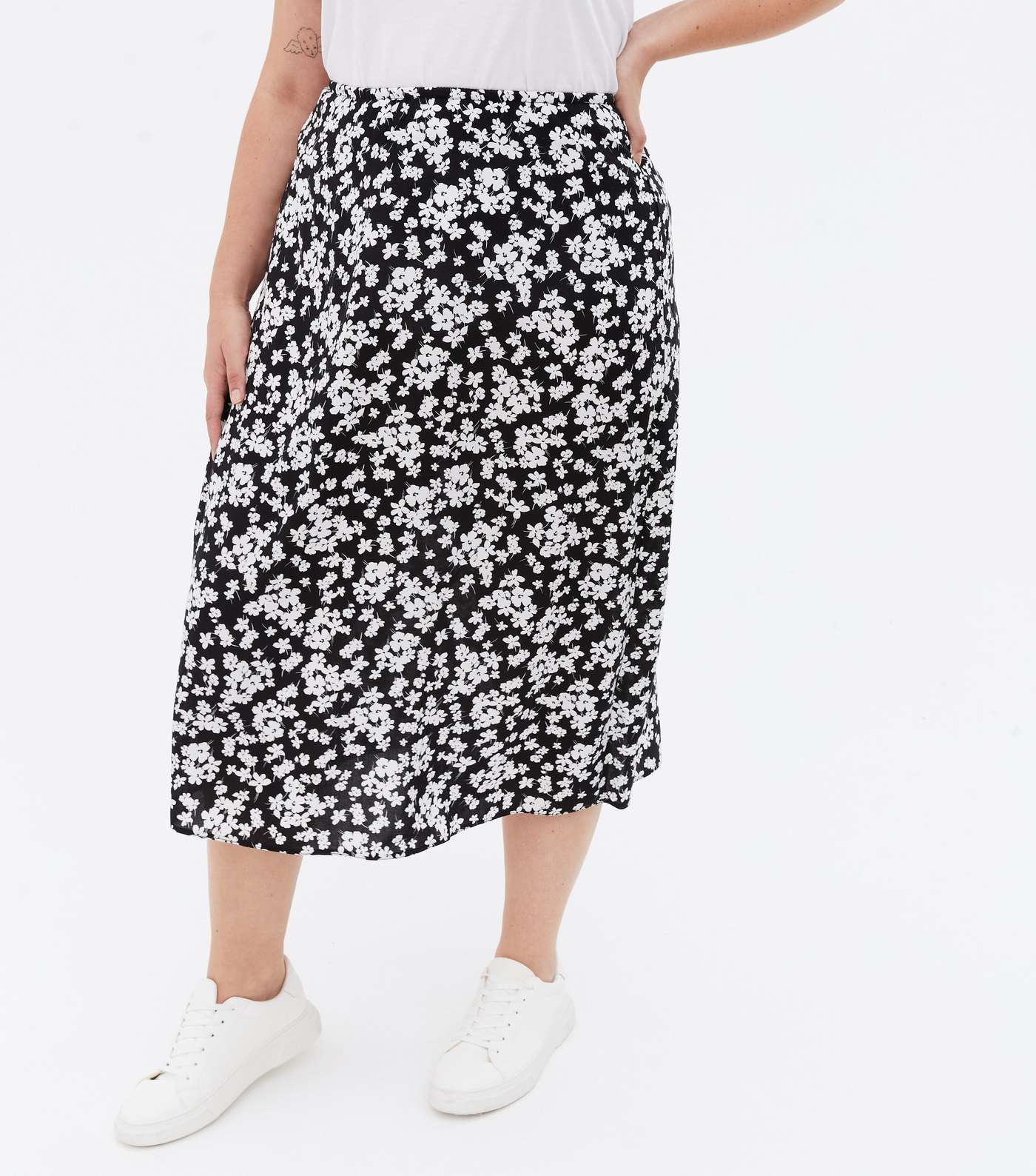 Curves Black Floral High Waist Bias Cut Midi Skirt Image 2