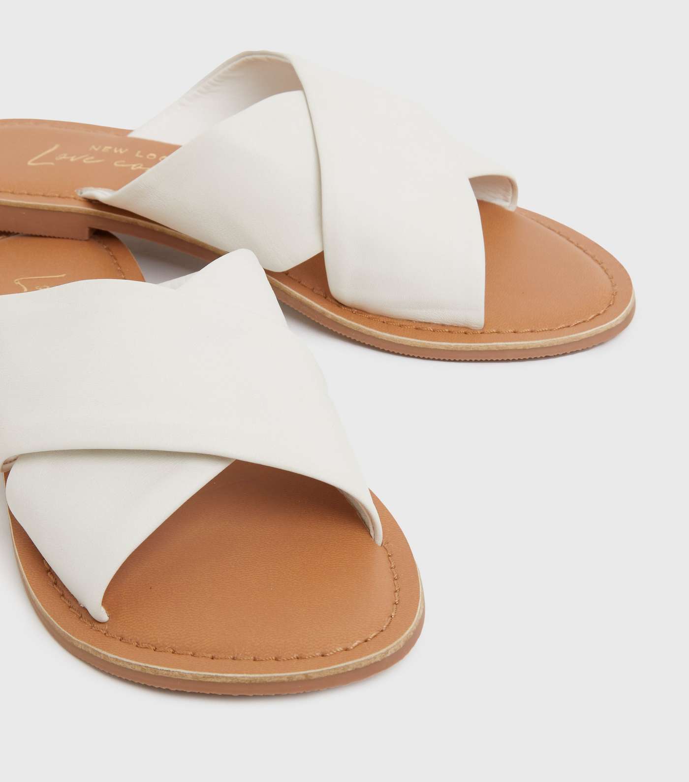 White Leather Cross Strap Sliders Image 3