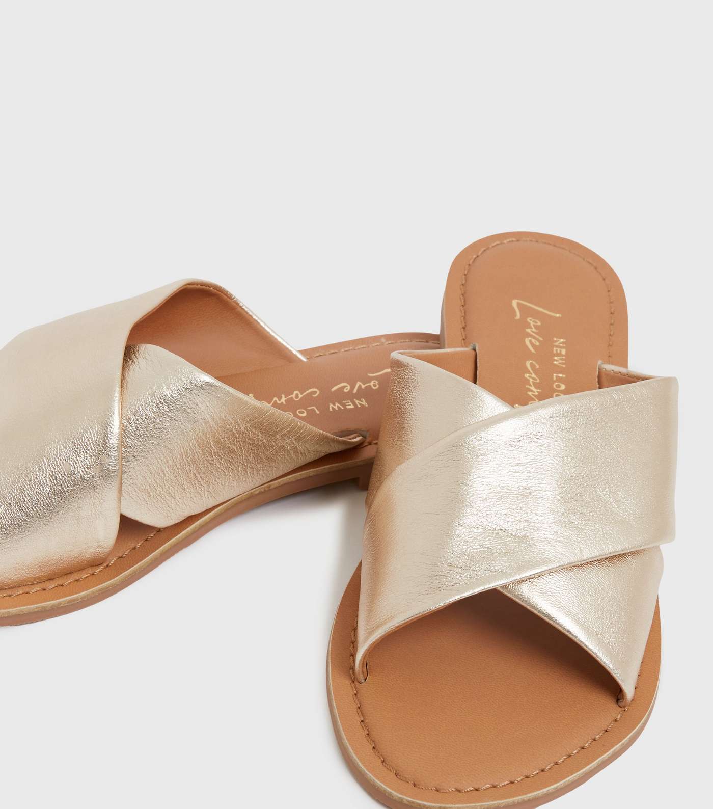 Gold Leather Cross Strap Sliders Image 3