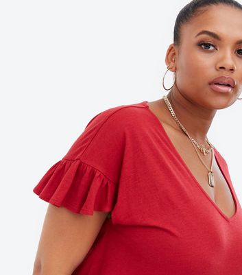 Click to view product details and reviews for Curves Red Flutter Sleeve V Neck T Shirt New Look.