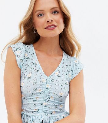 Pale Blue Floral Broderie Ruched Tie Front Crop Top New Look