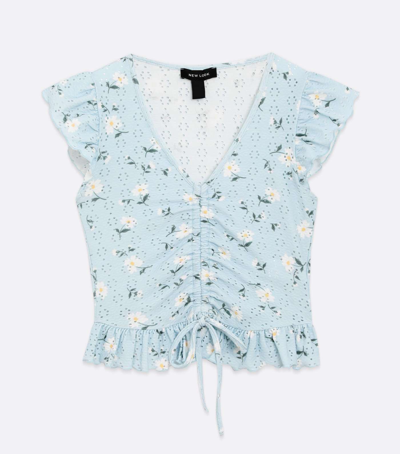 Pale Blue Floral Broderie Ruched Tie Front Crop Top Image 5