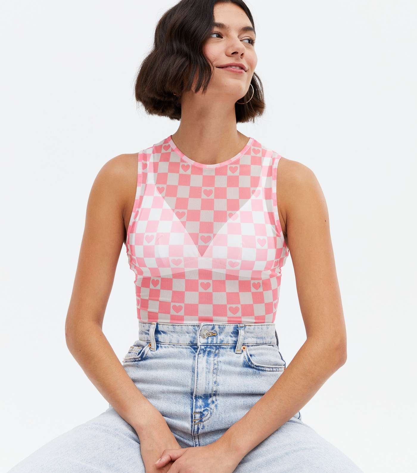 Pink Checkerboard Mesh Bodysuit Image 3