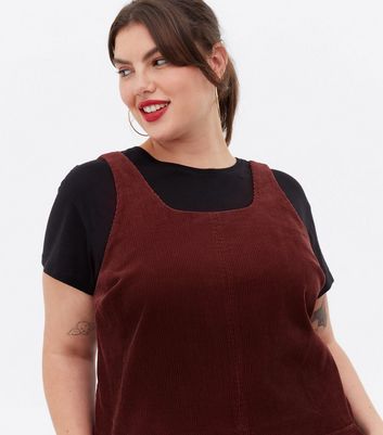 Curves Burgundy Cord Mini Pinafore Dress New Look