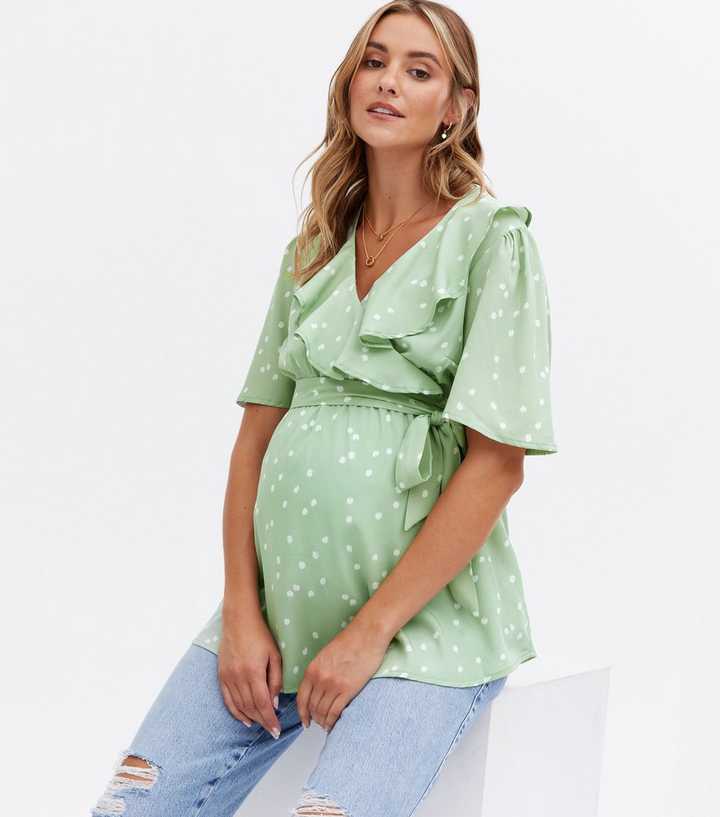 Maternity Light Green Spot Crepe Wrap Blouse