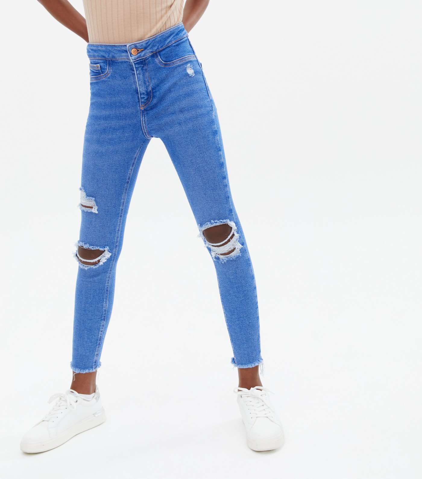 Girls Bright Blue Ripped High Waist Hallie Super Skinny Jeans Image 2