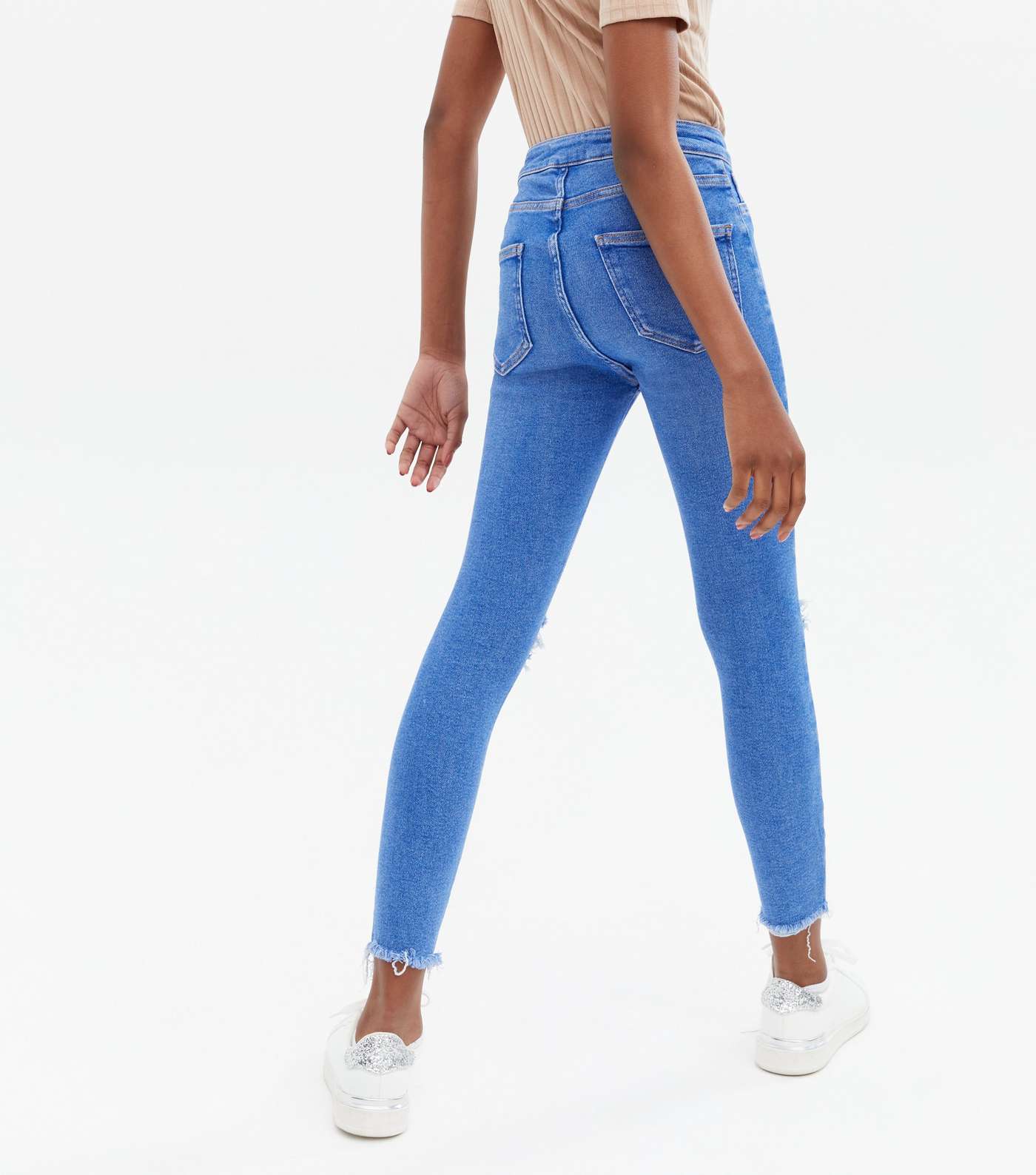Girls Bright Blue Ripped High Waist Hallie Super Skinny Jeans Image 4