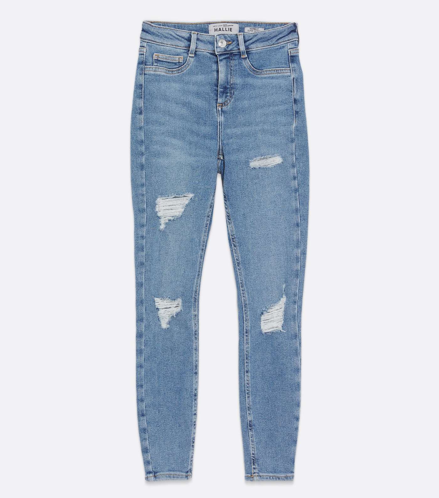 Girls Blue Mid Wash Ripped High Waist Hallie Super Skinny Jeans Image 5