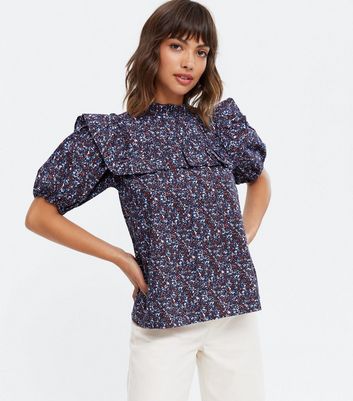 Influence Purple Ditsy Floral Frill High Neck Blouse | New Look