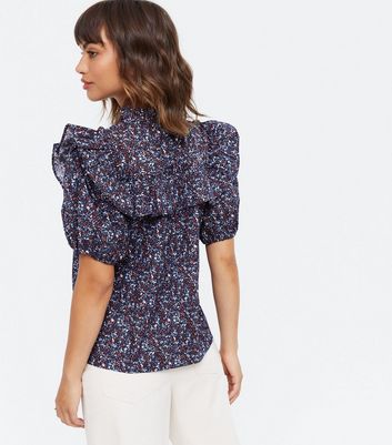 Click to view product details and reviews for Influence Purple Ditsy Floral Frill High Neck Blouse New Look.