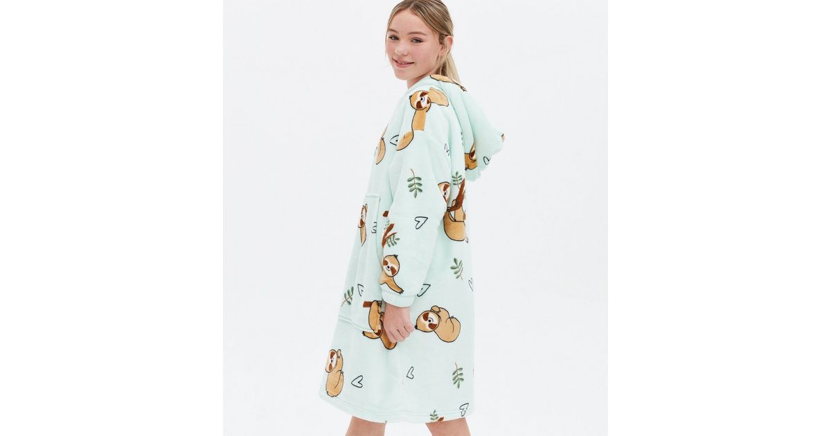 Girls Green Sloth Fleece Oversized Blanket Hoodie New Look