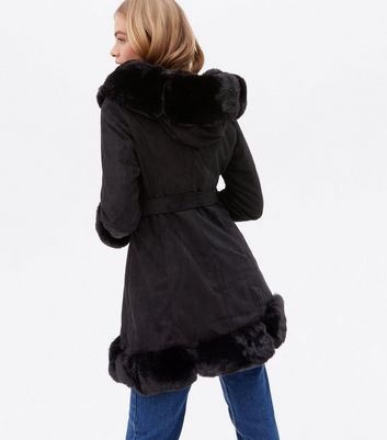 Blue Vanilla Black Faux Fur Belted Hooded Jacket New Look