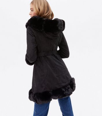 Damen Bekleidung Blue Vanilla Black Faux Fur Belted Hooded Jacket