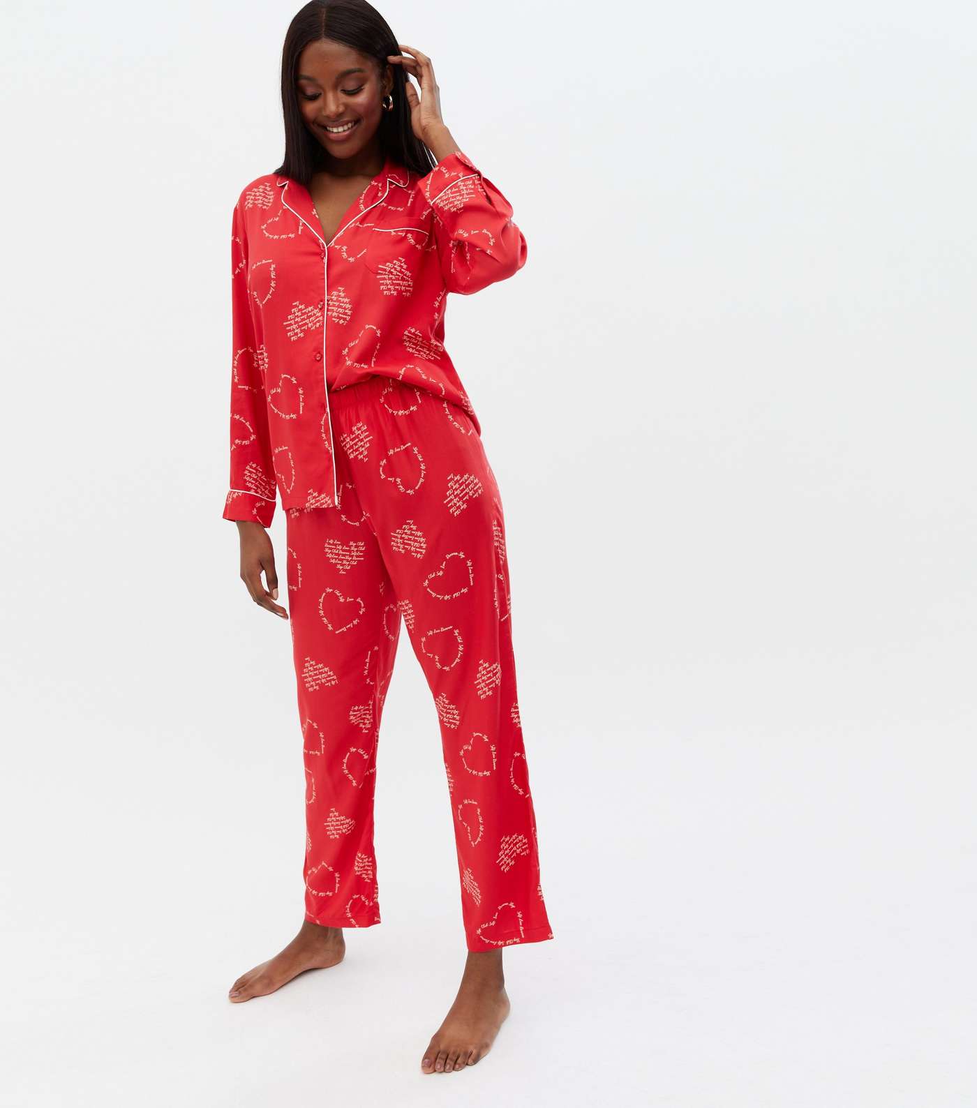 Red Shirt and Trouser Pyjama Set with Heart Script Print Image 2