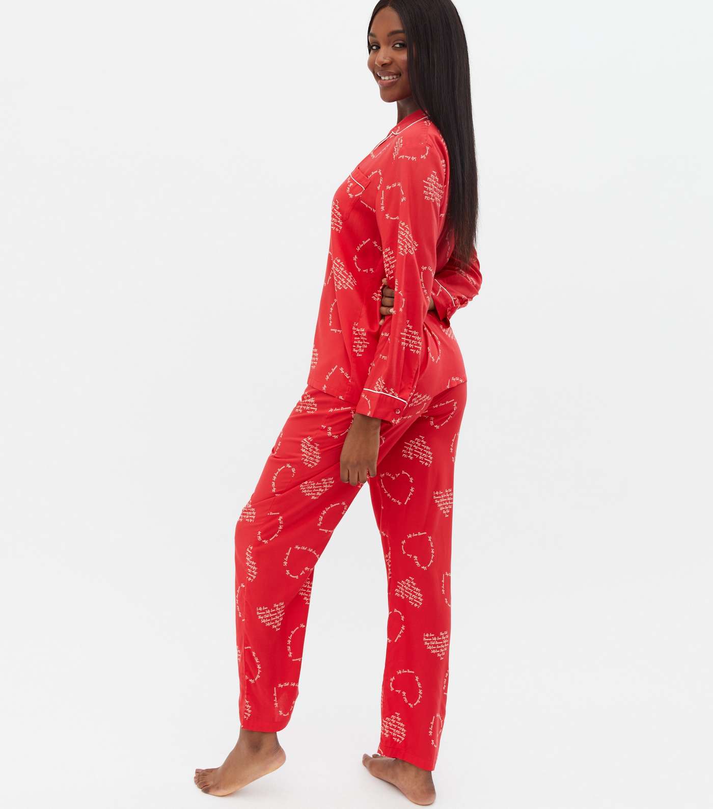 Red Shirt and Trouser Pyjama Set with Heart Script Print Image 4