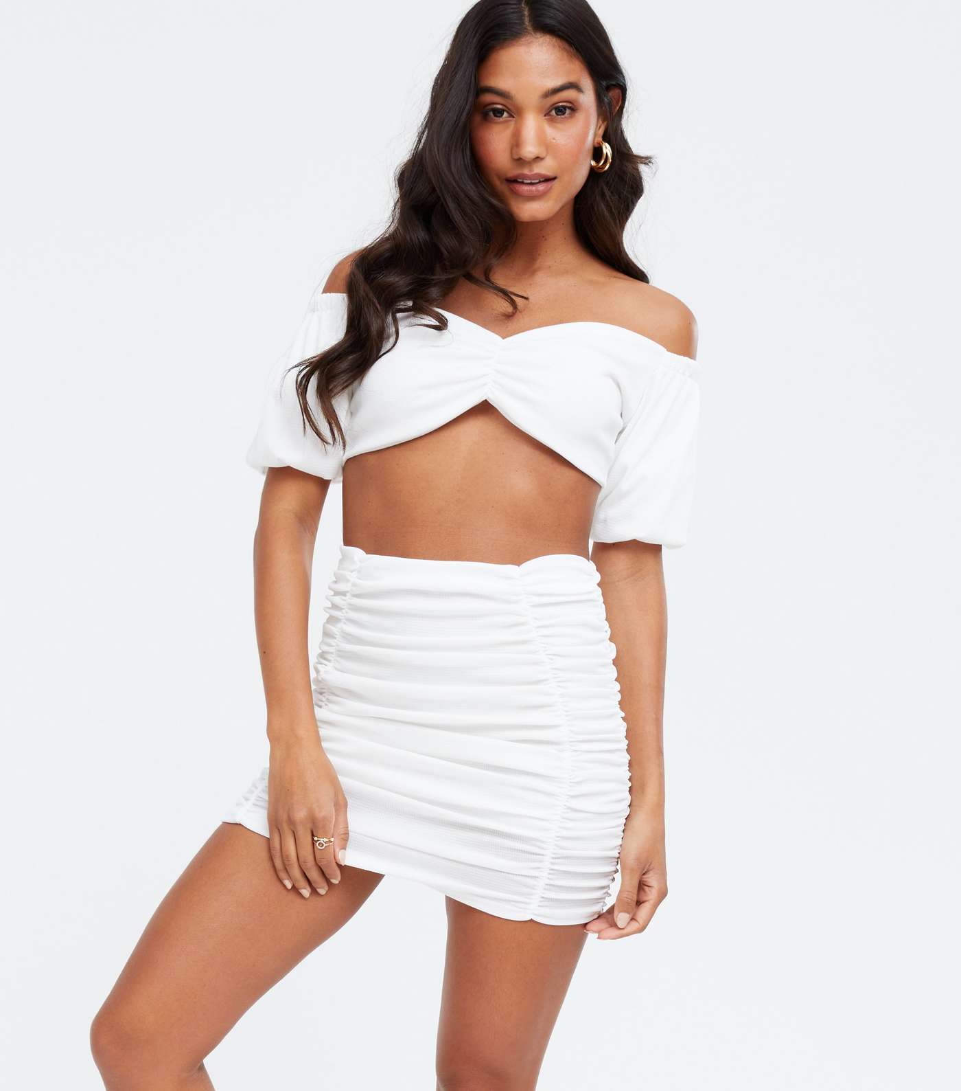 Pink Vanilla White Ruched Crop Top and Skirt Set