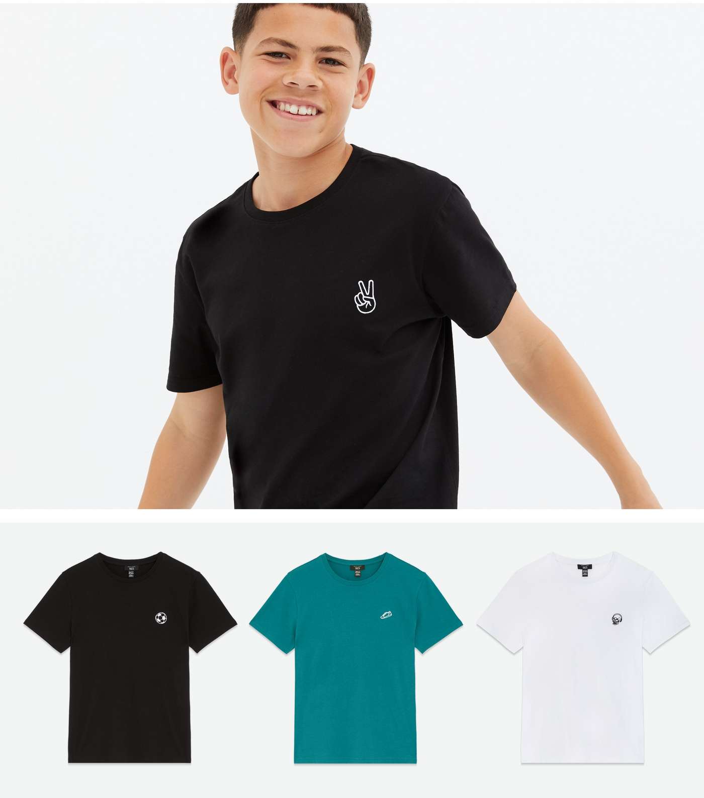 Boys 3 Pack Black Teal and White Mixed Embroidered T-Shirts