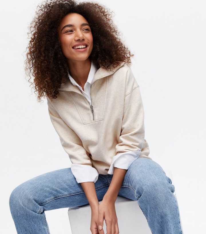 Cream 1/2 Zip High Neck Sweatshirt | New Look