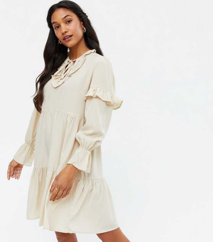 Stone Woven Ruffled Tiered Smock Dress