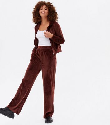 Dark Brown Velvet Wide Leg Joggers 