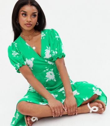 new look green puff sleeve dress