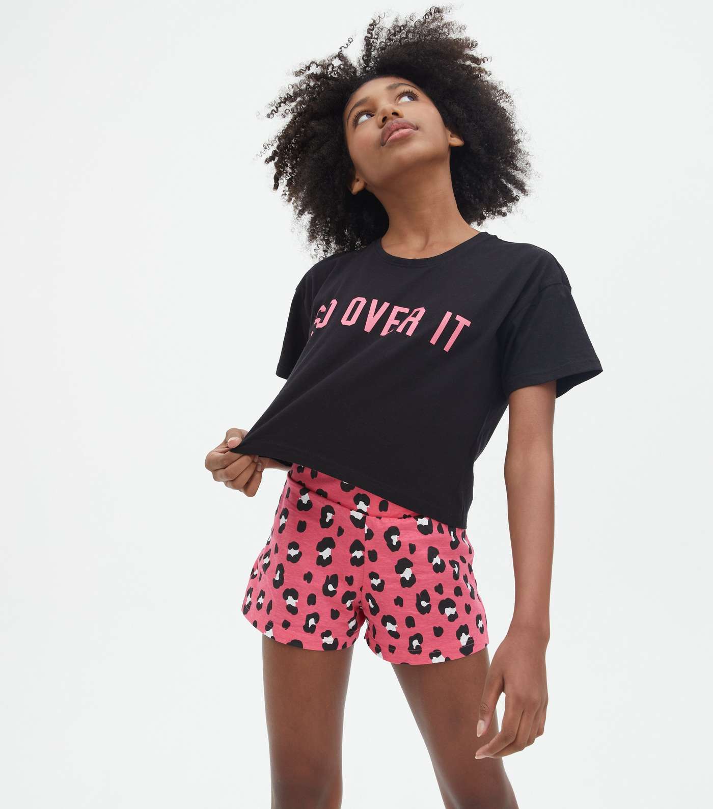 Girls 2 Pack Black Short Pyjama Sets with Leopard Print Image 2