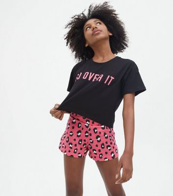 Teenager Bekleidung für Mädchen Girls 2 Pack Black Short Pyjama Sets with Leopard Print
