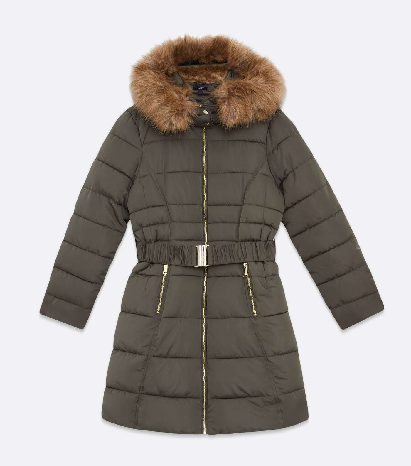 Petite Khaki Faux Fur Hood Belted Long Puffer Jacket Image 5