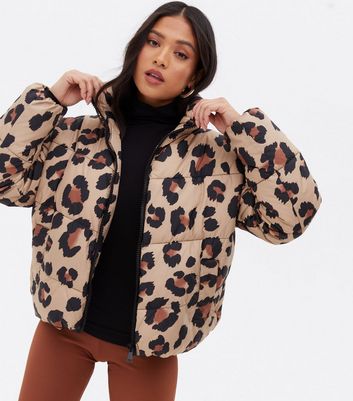 Petite Brown Leopard Print Boxy Puffer Jacket | New Look