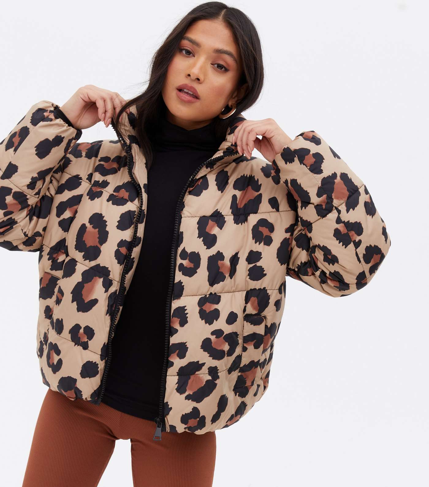 Petite Brown Leopard Print Boxy Puffer Jacket