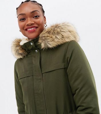 Tall Khaki Faux Fur Hooded Drawstring Parka Jacket New Look