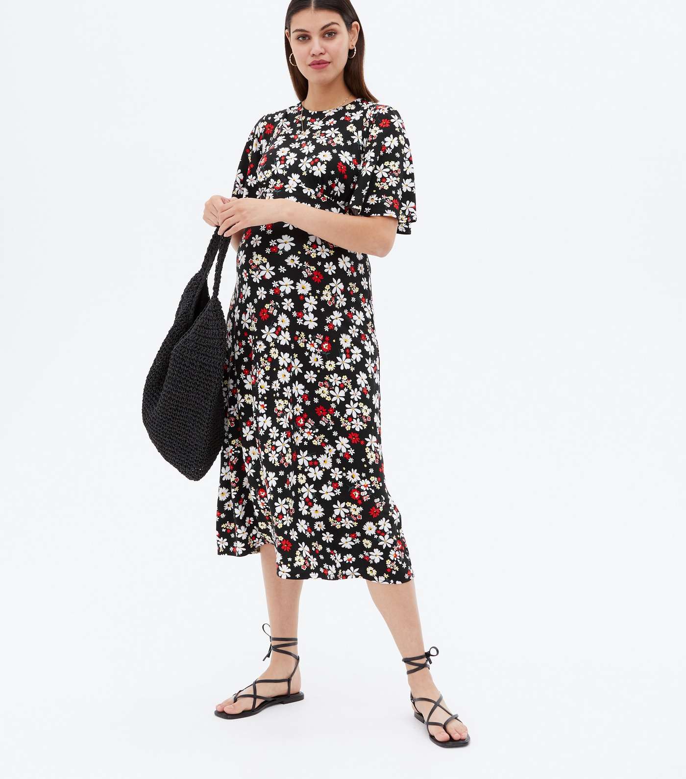 Maternity Black Floral Flutter Sleeve Midi Dress Image 2
