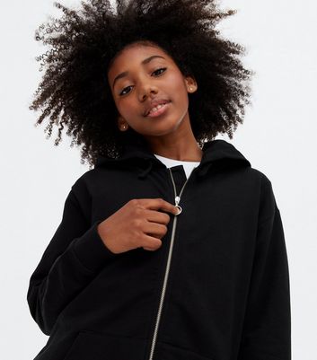 Girls Black Jersey Zip Hoodie New Look