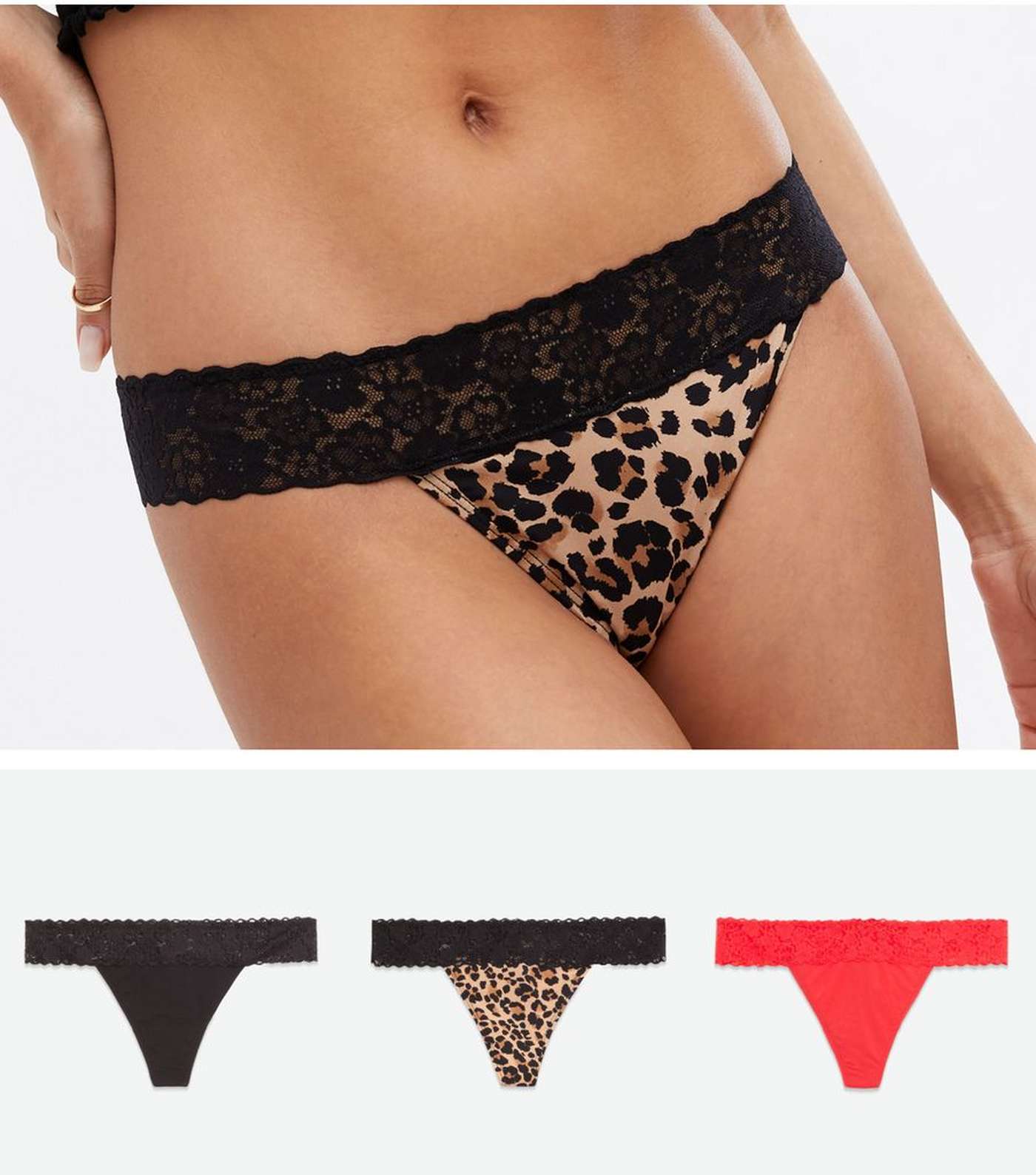 3 Pack Red Black and Brown Leopard Print Lace Trim Thongs