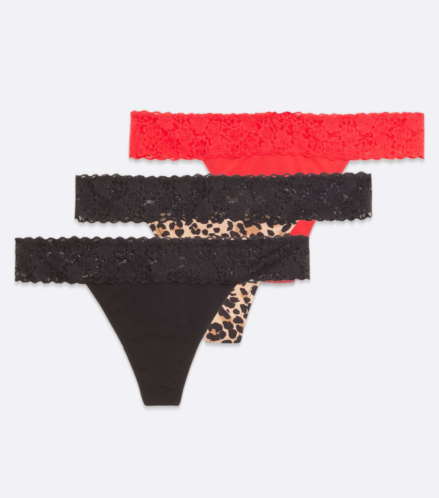 3 Pack Red Black and Brown Leopard Print Lace Trim Thongs Image 5