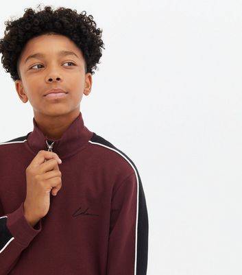 Boys Burgundy Colour Block Piped Zip High Neck Sweatshirt | New Look