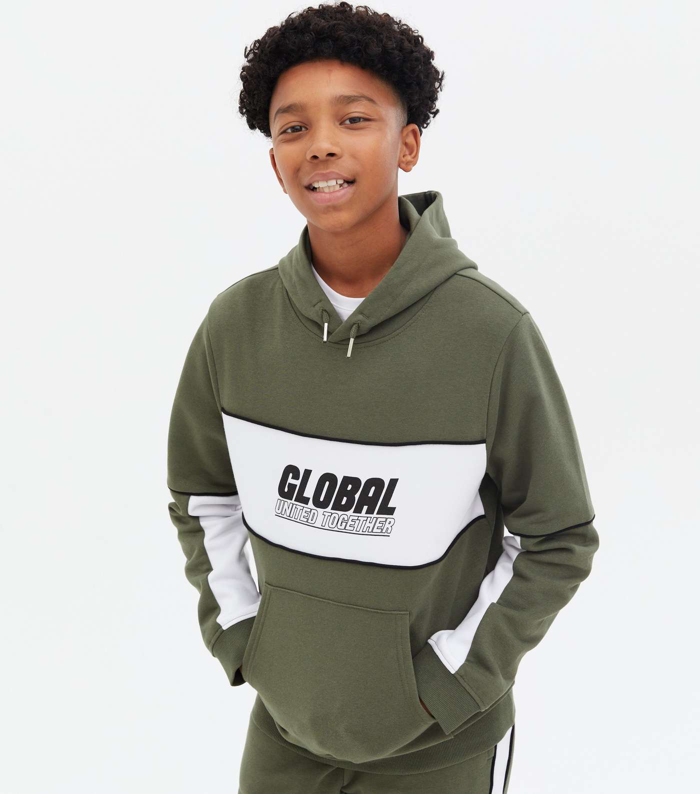 Boys Khaki Global Colour Block Logo Hoodie