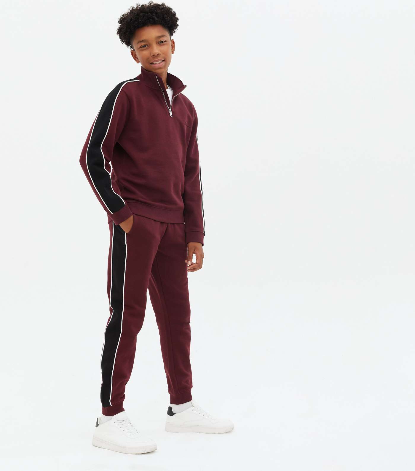 Boys Burgundy Colour Block Piped Joggers