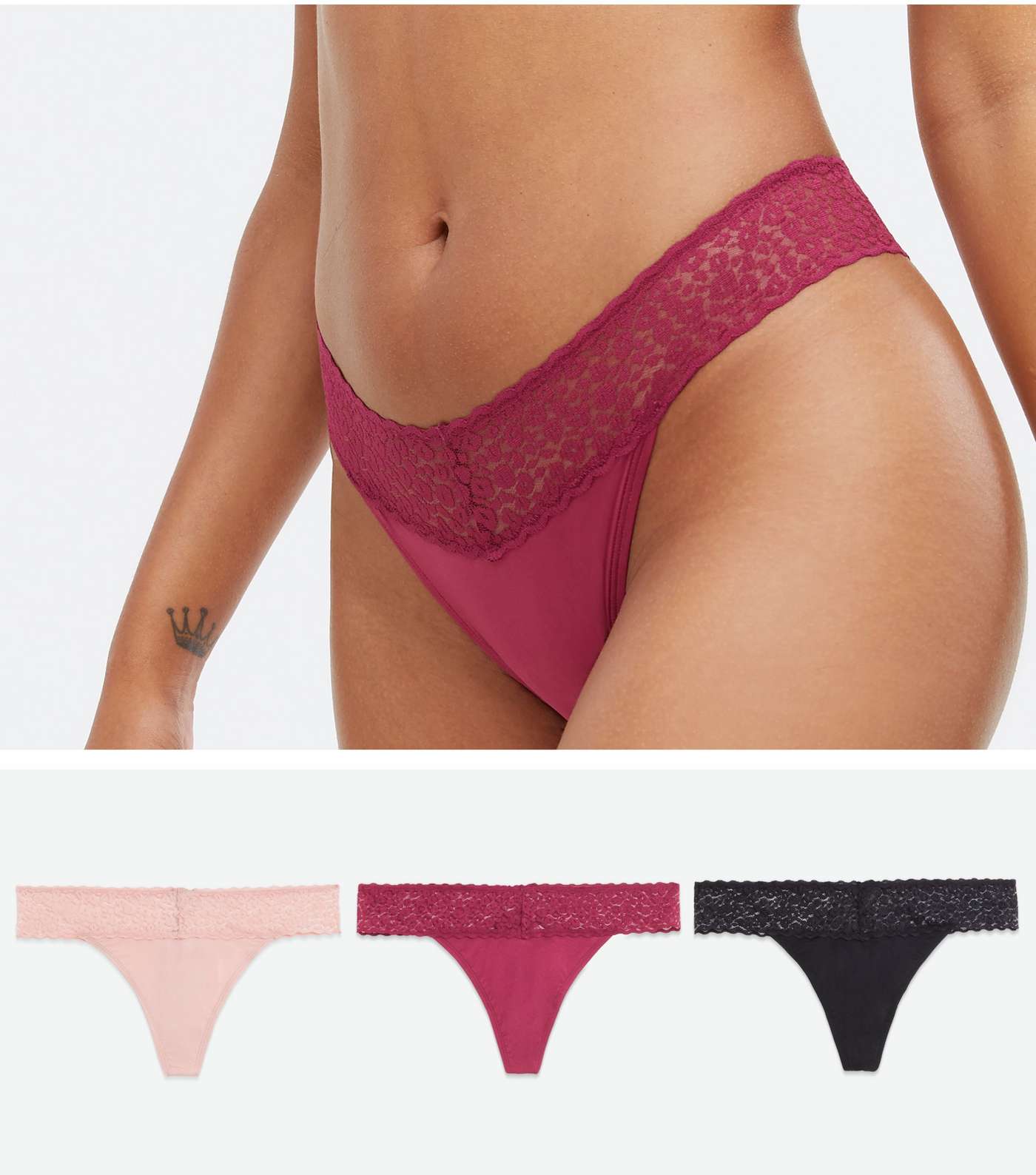 3 Pack Pink and Black Leopard Print Lace Trim Thongs