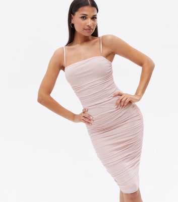 Little Mistress Pale Pink Mesh Ruched Bodycon Midi Dress
