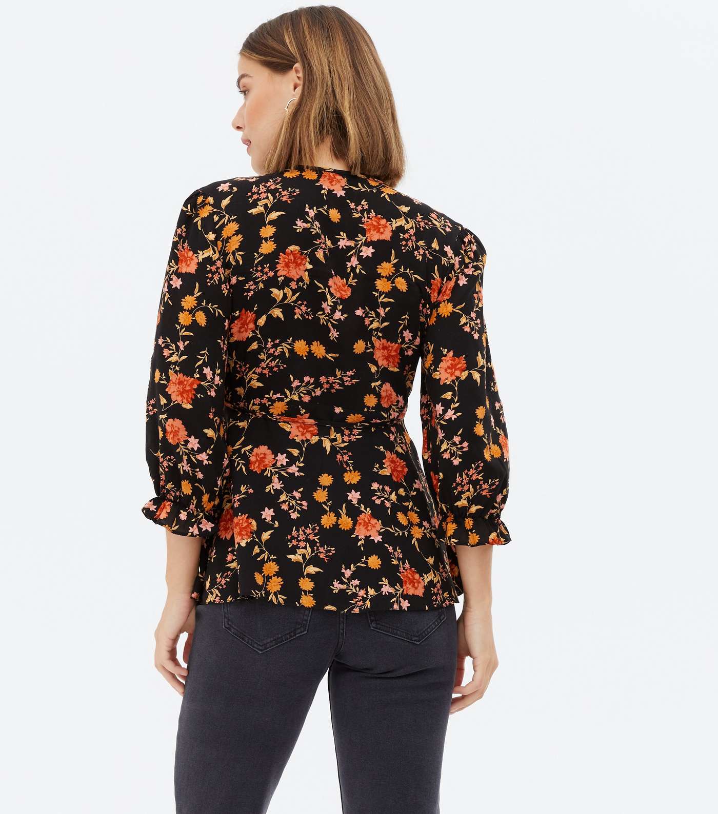 Maternity Black Floral Puff Sleeve Wrap Blouse Image 4