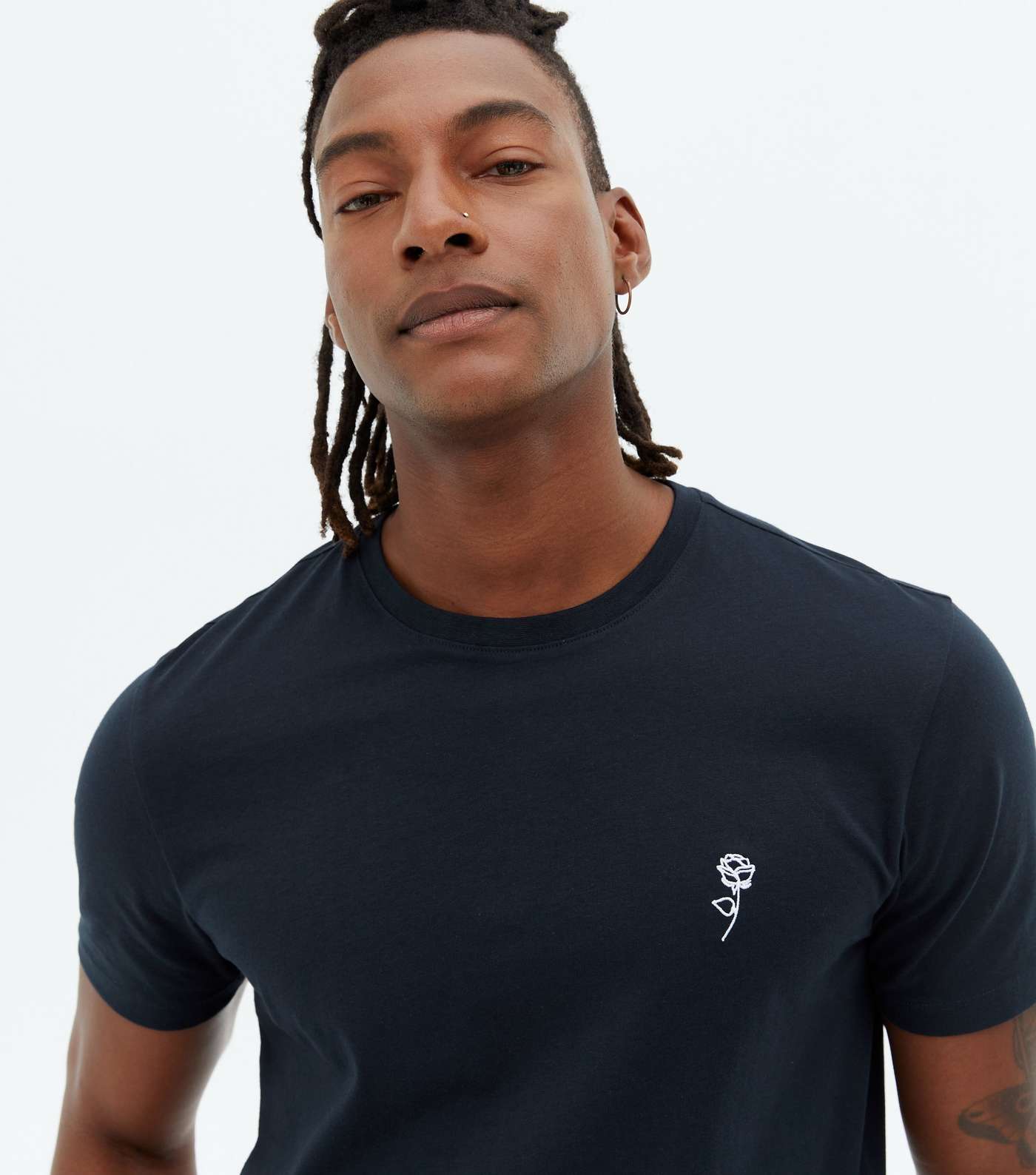 Navy Rose Embroidered Crew Neck T-Shirt Image 3