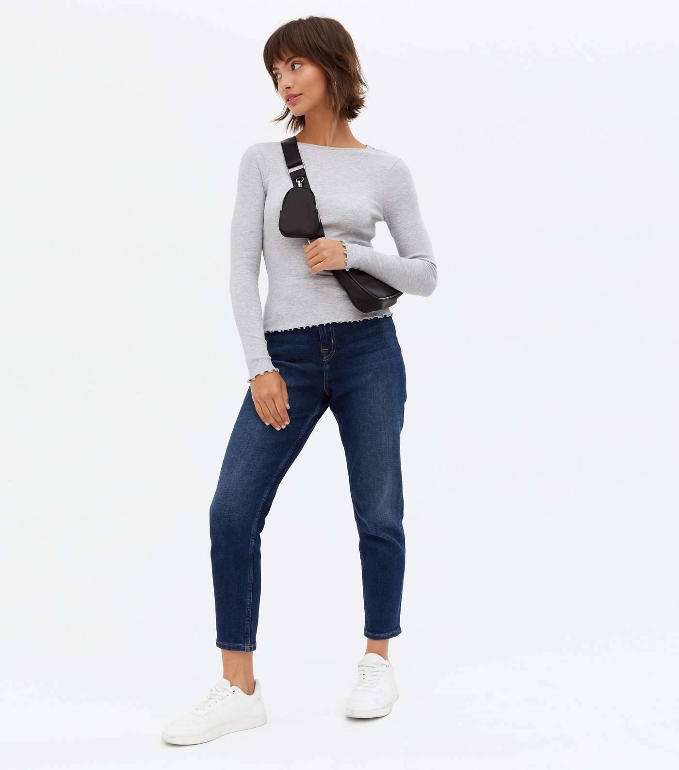Pale Grey Ribbed Frill Long Sleeve Top Image 2